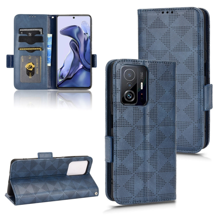Blue leather folio phone case with symmetrical triangle pattern, front flip cover, strap