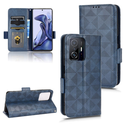 Blue leather folio phone case with symmetrical triangle pattern, front flip cover, strap