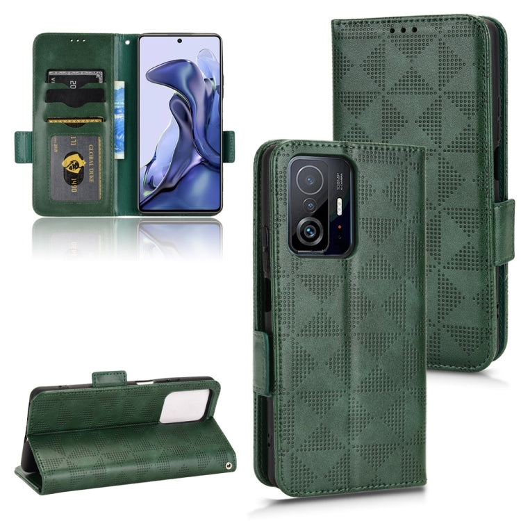 Symmetrical triangle leather phone case with flip cover, green, front wallet pocket