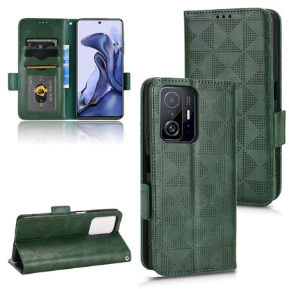 Symmetrical triangle leather phone case with flip cover, green, front wallet pocket