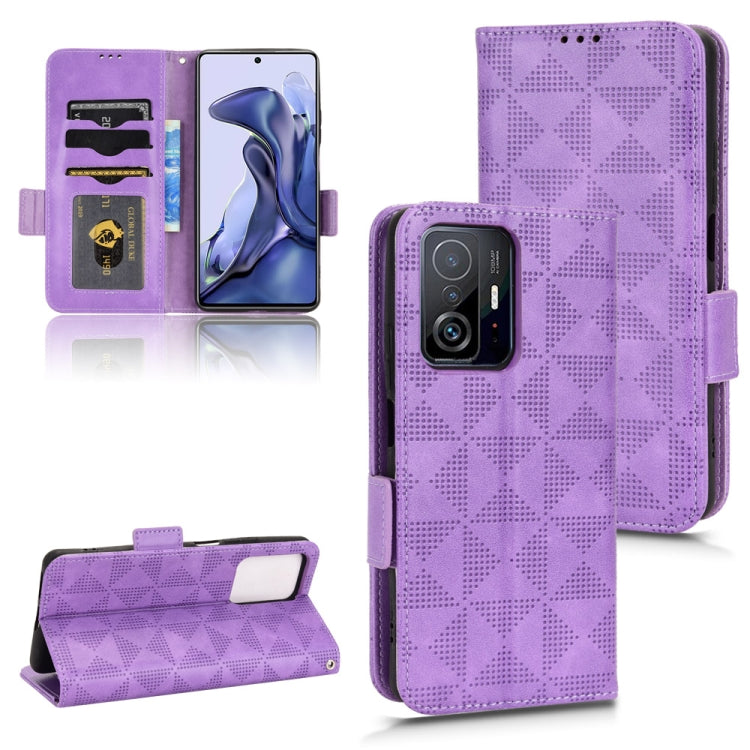Purple leather phone case with textured diamond pattern and flap cover, phone visible.