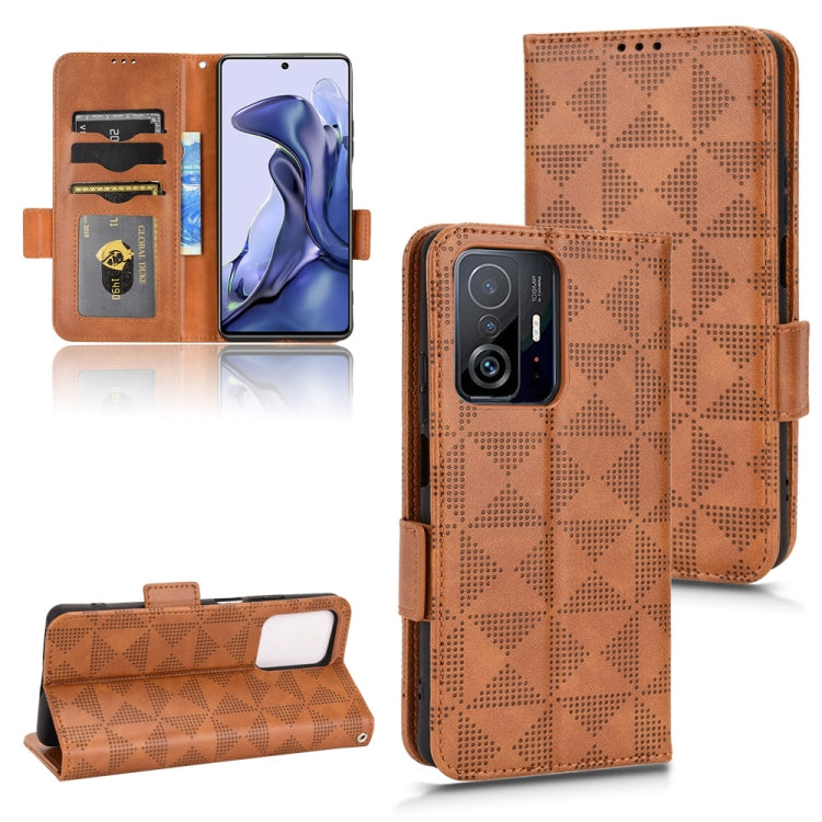 Brown leather-look wallet phone case with geometric pattern, card slots, and flip cover.