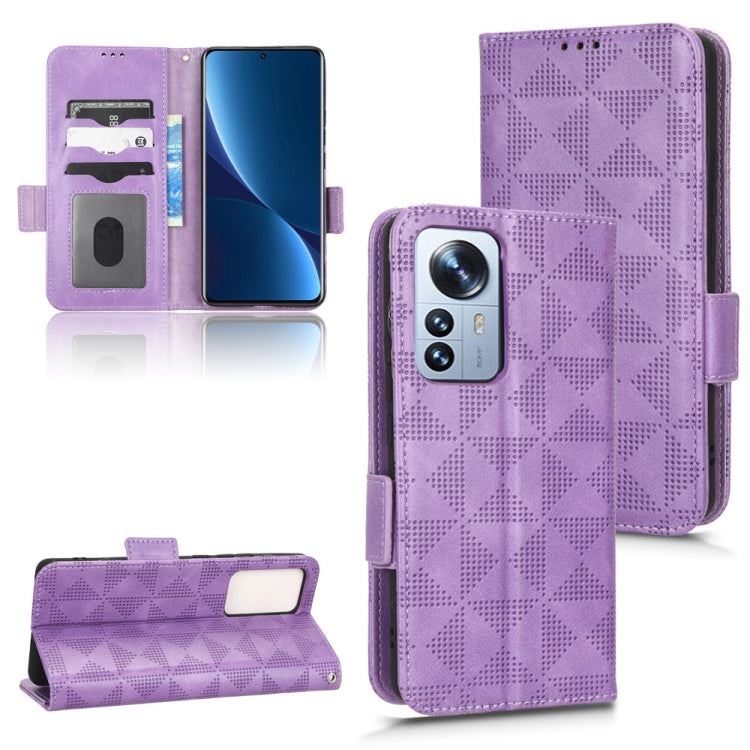 Purple leather wallet phone case with magnetic flap and card slots, geometric diamond pattern.