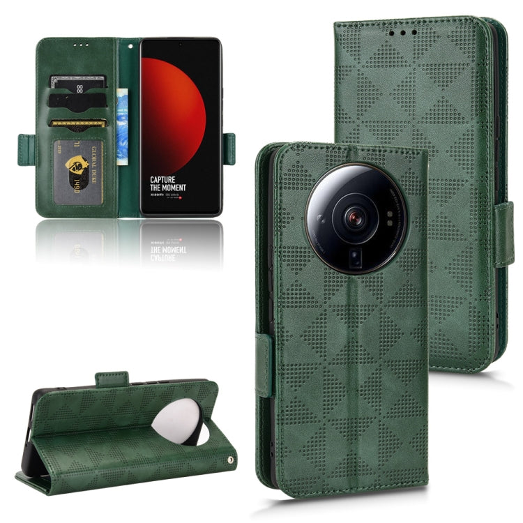 Green leather wallet phone case with magnetic flap, card slots, and triangle texture.