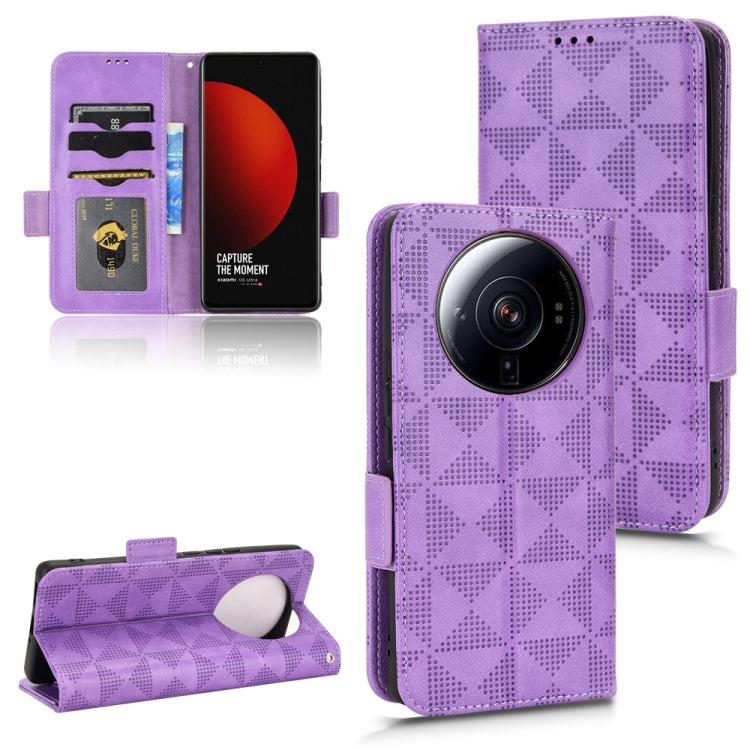 Purple leather phone case with large circular camera cutout, flap cover, diamond pattern.