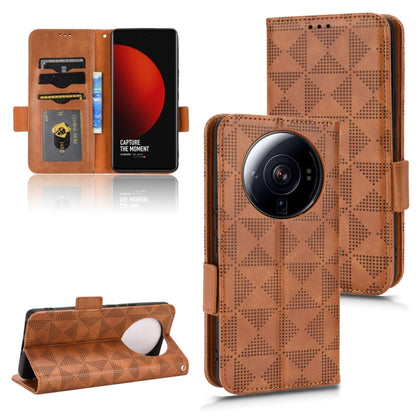 Brown geometric-pattern wallet phone case with card slots, camera opening, and flip cover.