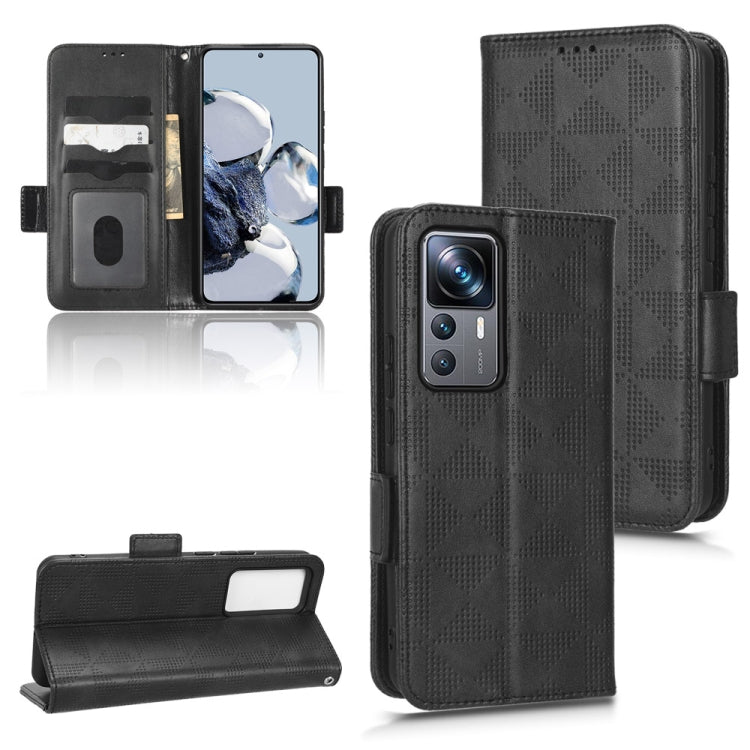 Black leather phone case with folio cover, symmetric triangle embossing, and built-in camera access.