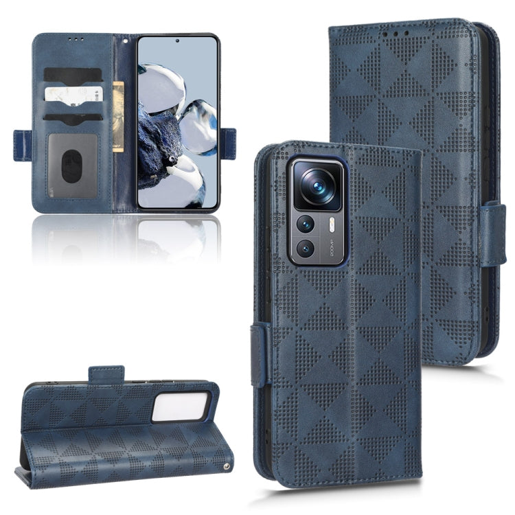 Blue leather-look folio phone case with symmetrical triangle texture and camera cutout