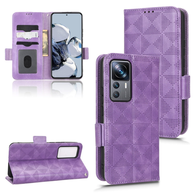 Purple leather folio phone case with geometric triangle pattern and card slots; stand view.
