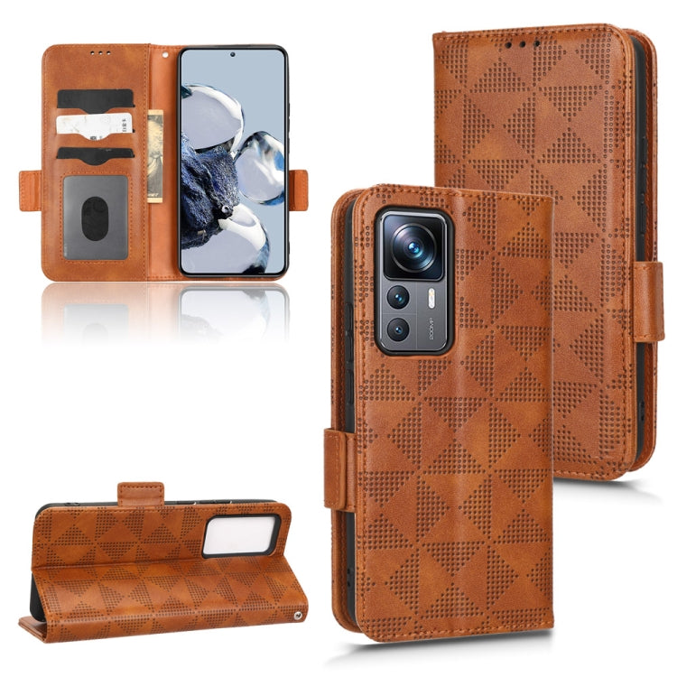 Brown geometric leather-look wallet phone case with card slots, flip stand, and camera cutout.