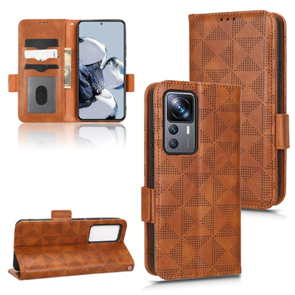 Brown geometric leather-look wallet phone case with card slots, flip stand, and camera cutout.