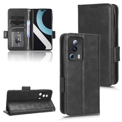 Black folio leather phone case with textured triangle pattern, side button openings, and strap.