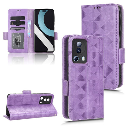 Purple leather folio case with geometric triangle pattern and camera cutout; wallet-open view.