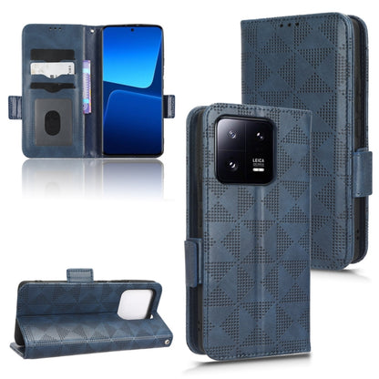 Blue leather-look folio phone case with symmetrical triangle texture and dual-camera cutout