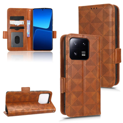 Brown leather folio phone case with symmetrical triangle pattern and card slots
