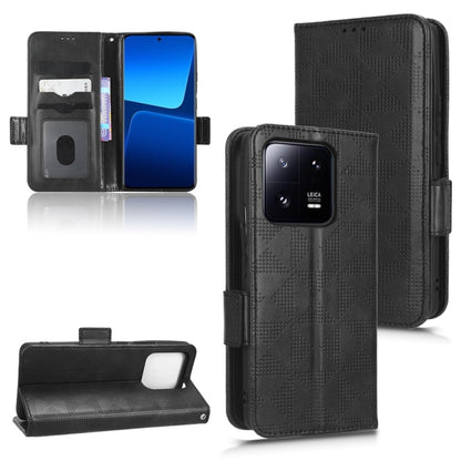 Black textured triangle leather phone case with folio cover, rear camera cutout, and side strap.