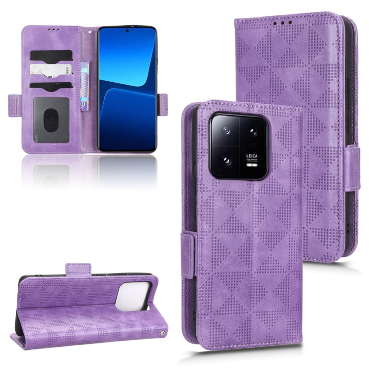 Purple leather folio phone case with geometric triangle pattern; back cover and stand shown.