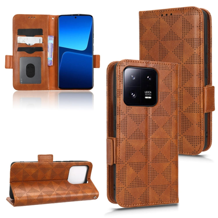Brown leather folio phone case with symmetrical triangle pattern and card slots