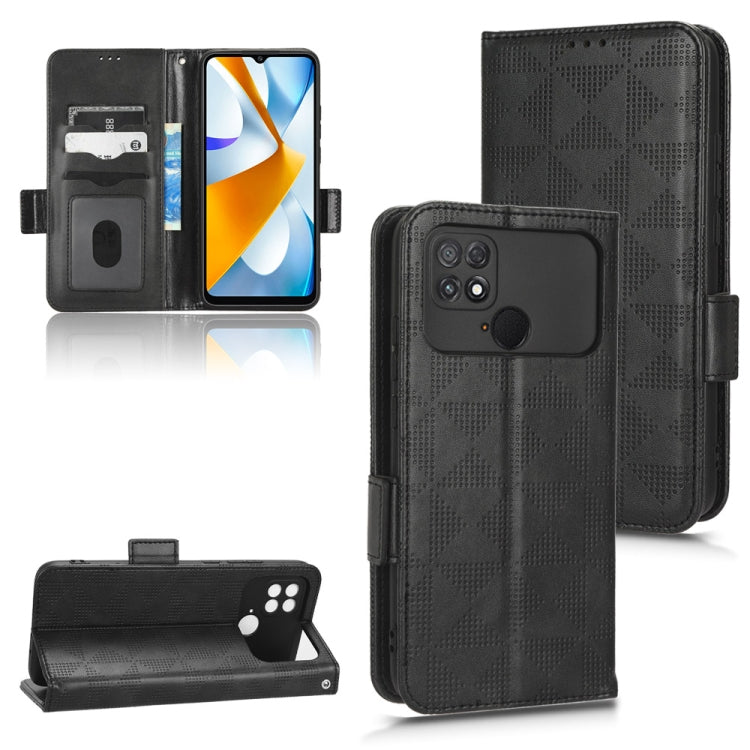 Black leather folio phone case with symmetric triangle pattern, rear camera opening, and inner slots.