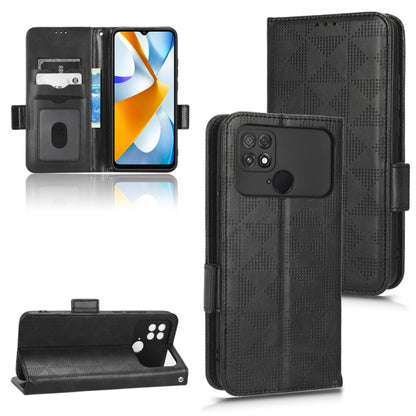 Black leather folio phone case with symmetric triangle pattern, rear camera opening, and inner slots.