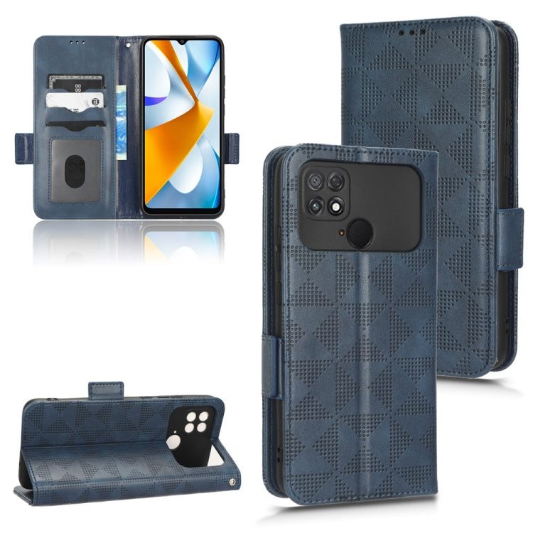 Blue leather-look folio phone case with symmetrical triangle pattern and lens cutout on back