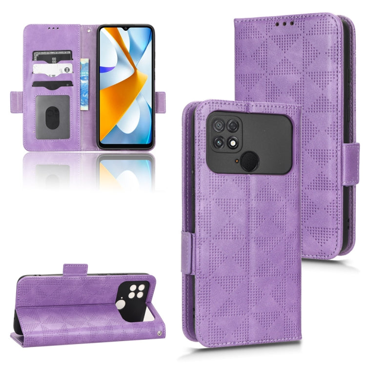 Purple leather folio case with geometric triangle pattern; phone front and card slots visible.