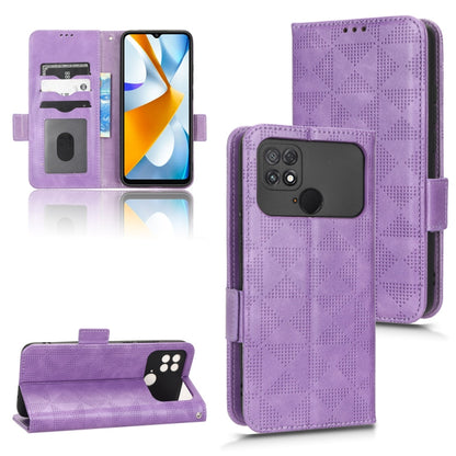Purple leather folio case with geometric triangle pattern; phone front and card slots visible.