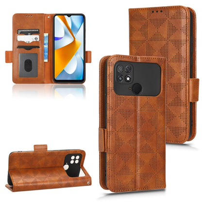 Brown leather folio phone case with symmetrical triangle pattern and card slots