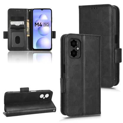 Black leather phone case with textured triangle pattern, folio flap, and rear camera cutout.