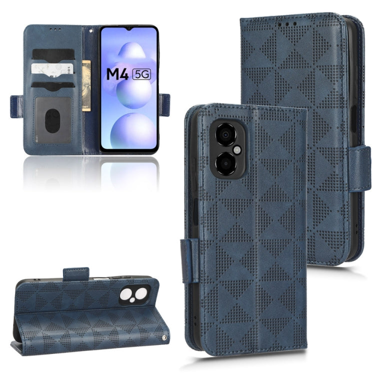 Blue leather-look folio phone case with symmetrical triangle texture and side camera opening