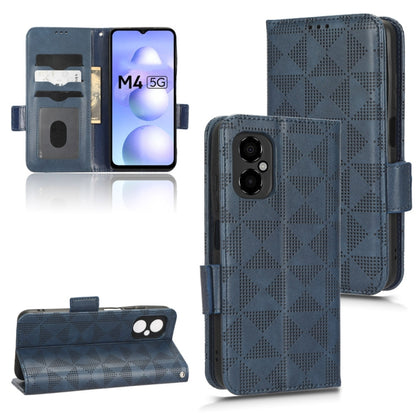 Blue leather-look folio phone case with symmetrical triangle texture and side camera opening