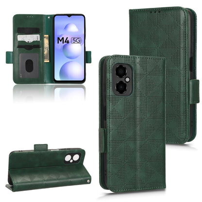 Green leather wallet phone case with triangle texture, side strap, and camera cutout.