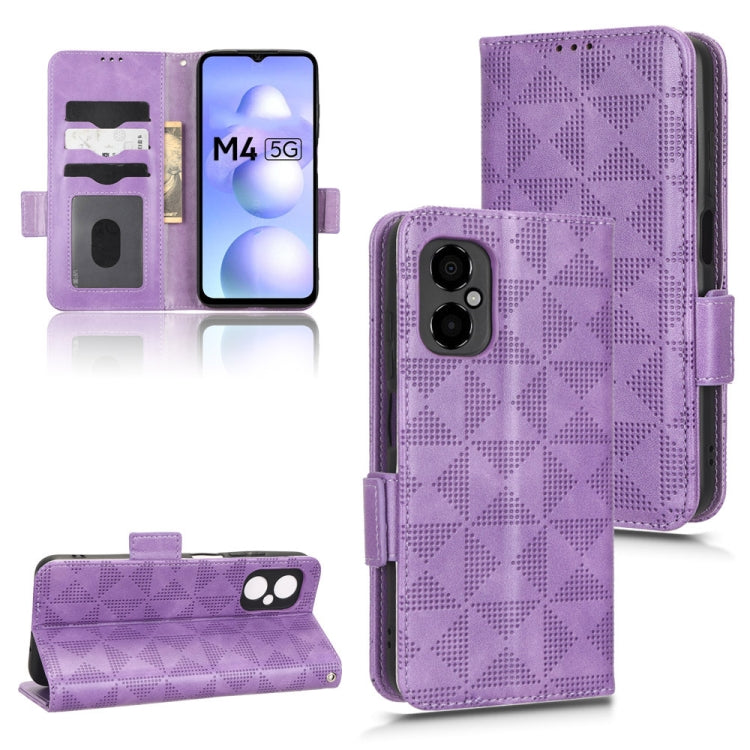Purple leather folio phone case with geometric triangle pattern; back and wallet side view.