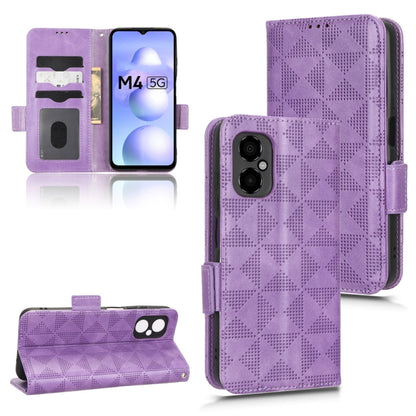 Purple leather folio phone case with geometric triangle pattern; back and wallet side view.
