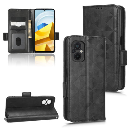 Black leather folio phone case with symmetrical triangle pattern and side strap