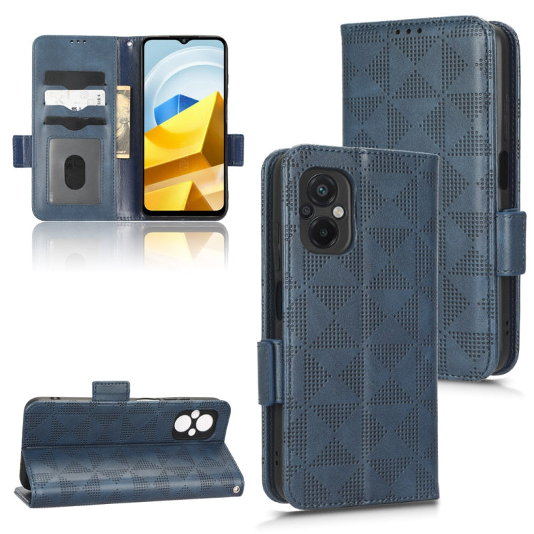 Blue leather-look folio phone case with symmetrical triangle pattern, wallet flap, and camera cutout