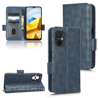 Blue leather-look folio phone case with symmetrical triangle pattern, wallet flap, and camera cutout