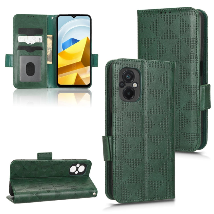 Green leather phone case with textured triangle pattern and magnetic flap wallet holder.