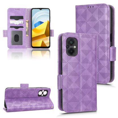 Purple leather folio case with geometric triangle pattern; phone back and open wallet shown.