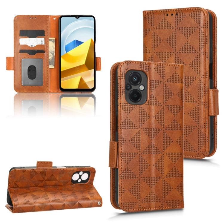 Brown leather folio phone case with symmetrical triangle pattern and card slots