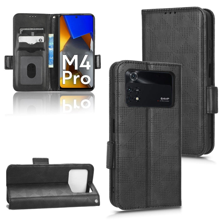 Black leather folio phone case with symmetrical triangle pattern, card slots, side strap