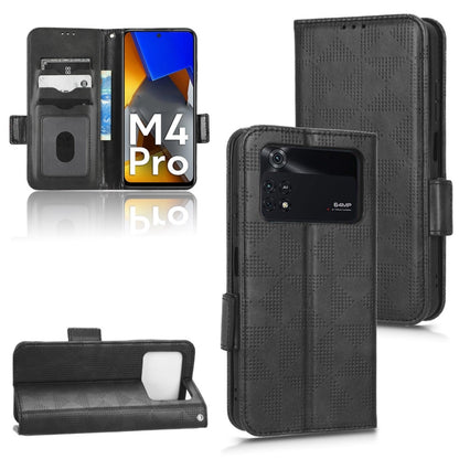 Black leather folio phone case with symmetrical triangle pattern, card slots, side strap