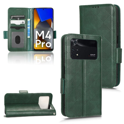 Green leather wallet phone case with embossed triangle design, camera cutout, magnetic flap.