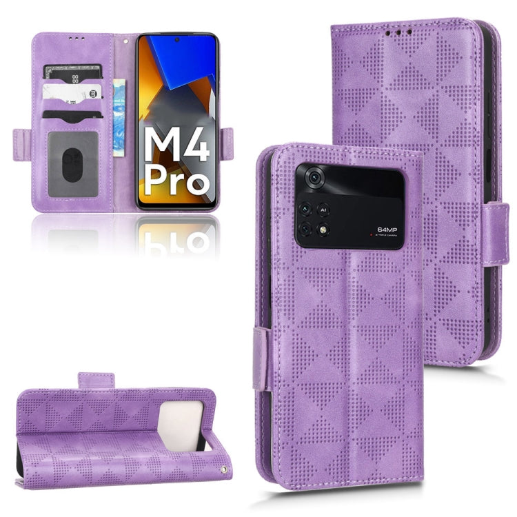 Purple leather folio phone case with geometric triangle pattern; back camera cutout in view.