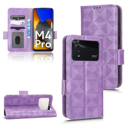 Purple leather folio phone case with geometric triangle pattern; back camera cutout in view.