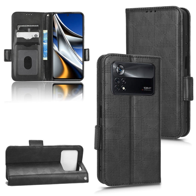 Black leather folio phone case with symmetrical triangle pattern and camera cutout, strap
