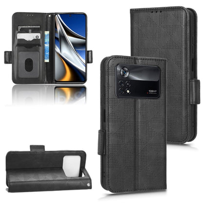 Black leather folio phone case with symmetrical triangle pattern and camera cutout, strap