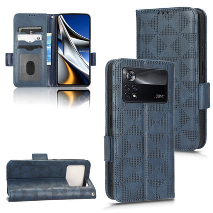Symmetrical triangle leather phone case with flip cover, blue, card slots and camera cutout