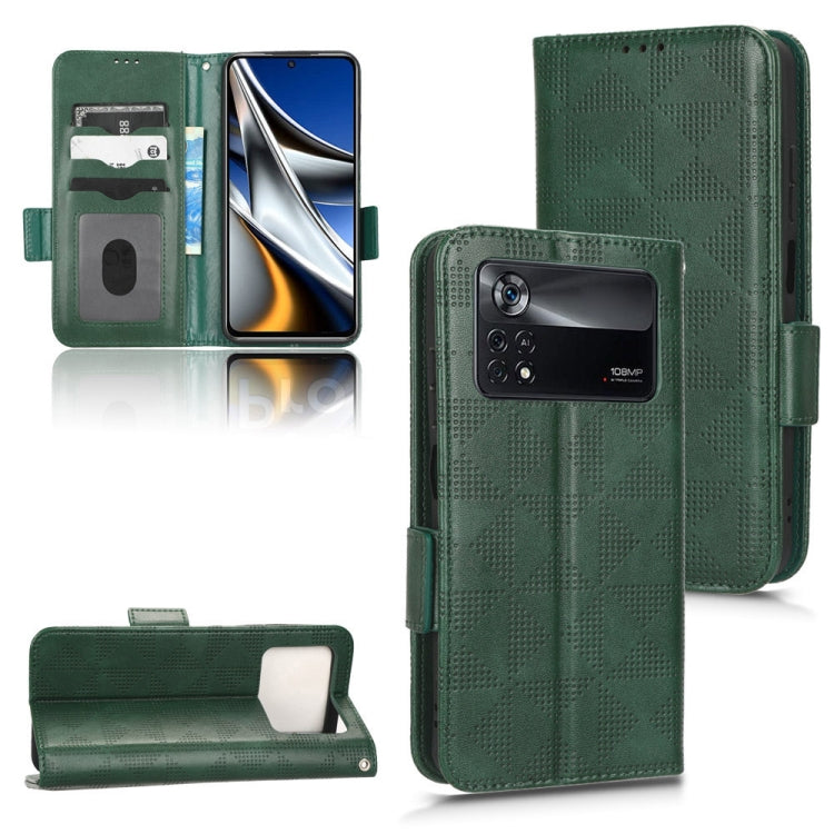 Green leather wallet-style phone case with flap and card slots, symmetrical pattern.