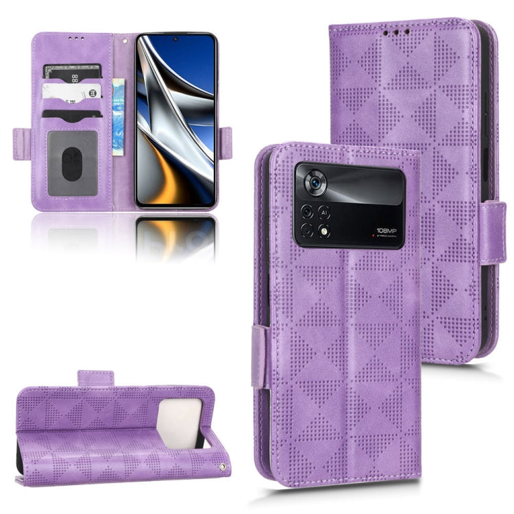 Purple leather folio phone case with geometric triangle pattern; front and back shown side by side.